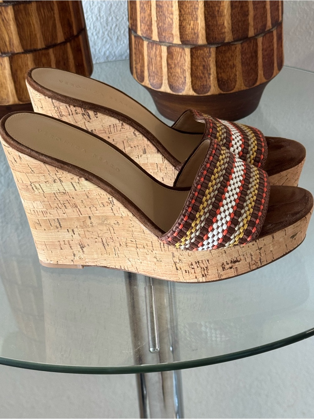 Veronica Beard Brown Woven Cork Platform Sandals with Multicolor Stripes - Picture 2 of 5